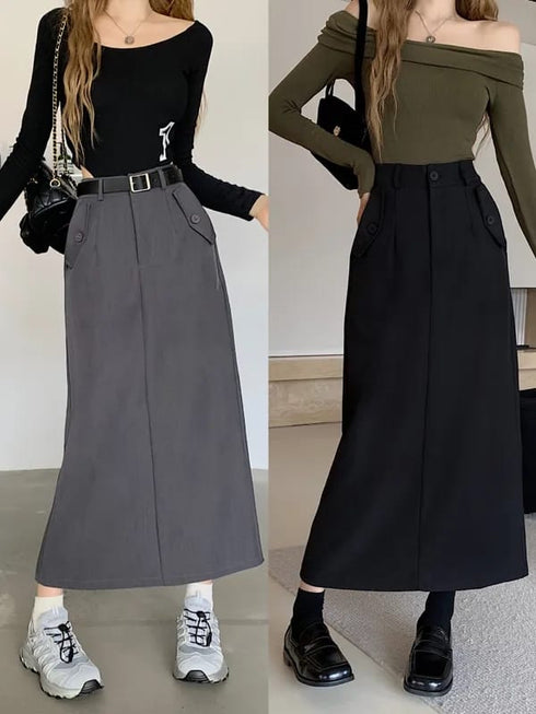 Casual Full Length Side Pocket Loose Skirts With Belt